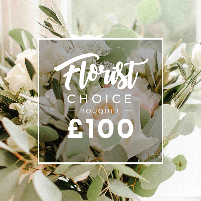 An artful close-up of a square bouquet, the Florist Choice Bouquet, priced at £100, presented in soft white and green tones. The blooms-white roses, perhaps garden roses or peonies, with pale blush-are arranged among abundant foliage: rounded, silvery eucalyptus leaves and slender, darker olive branches that add depth. The flowers are bathed in gentle natural light, with the background softly blurred to keep the focus on the intricate texture of petals and leaf. A central, transparent white square overlay carries the brand's text: Florist in flowing script at the top, CHOICE in crisp capitals, and a smaller BOUQUET line, all in white, with the price below in bold type. The arrangement exudes a modern, premium feel, suitable for gifting or for a celebration message to someone in North Watford. It's framed in a way that emphasises craftsmanship-the florist's careful layering, the soft sheen of petals, and the natural movement of the greens. This image would sit prominently on a website offering same-day delivery across North Watford, bringing a touch of elegance to birthdays, anniversaries, or special occasions with a curated floral gift.
