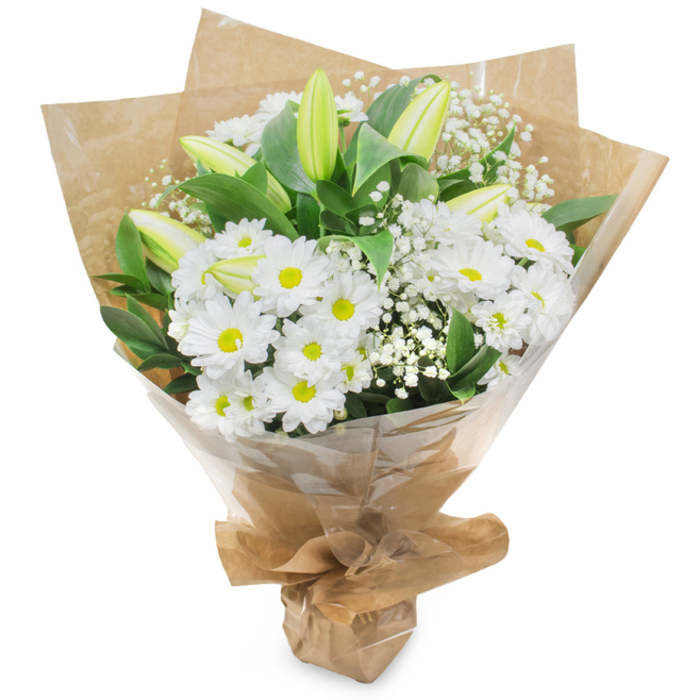 A striking, fresh-looking bouquet photographed against white that reads like a study in white and green. The arrangement is composed predominantly of pristine, daisy-like white chrysanthemums, their many narrow petals forming tidy, luminous discs around pale yellow centers; these blooms form a generous, cheerful body at the bouquet's heart. Interspersed among them are elongated green lily buds - elegant and slightly striped in places - which add vertical rhythm and a poised sense of anticipation, hinting at unfolding drama in the days to come. Sprays of delicate white baby's breath (Gypsophila) are woven through the composition, their tiny blossoms creating a gauzy veil that softens transitions and gives the bouquet a light, airy texture. Broad, dark green foliage frames the flowers, the leaves' deep hues creating contrast and depth so the whites appear crisper and more luminous. The presentation is intentionally rustic-elegant: an inner sheet of crinkled brown kraft paper provides an organic, tactile backdrop while a clear cellophane wrap lends protection and a polished surface sheen; the wrapping is gathered and tied at the base to form a neat, portable stand. In the photograph the light is soft and even, emphasizing the texture of petals and paper alike, and the scent can be imagined as a clean, green whisper with a faint lily sweetness. This versatile bouquet, suited to homes on Clarendon Road or small gatherings near Watford Market, embodies understated elegance and the careful craft of a florist who hears the quiet needs of a neighbourhood.