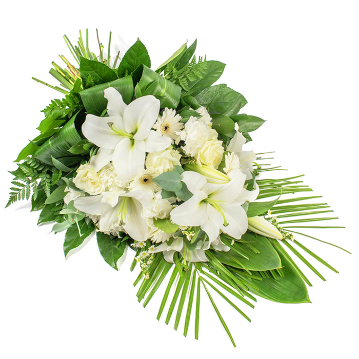 A dignified funeral arrangement in white and green is displayed on a clean white surface, flowing diagonally from top left to lower right with a distinct teardrop or elongated spray shape. Large, trumpet-shaped white lilies form the focal point, some blooms fully open with their delicate stamens revealed, others held in smooth buds that hint at unfolding beauty. Around these majestic flowers cluster soft white roses, ranging from tight buds to more open blossoms with layered petals that create a luxurious texture, alongside frilled white carnations that add a cloud-like softness. Interspersed throughout are daisy-like white flowers, similar to Gerberas, with crisp petals and pale yellow or cream centres that catch the light and bring gentle contrast. Sprays of tiny white filler blossoms drift between the larger blooms, giving the impression of fine lace threaded through the design. The flowers are framed by a rich foundation of greenery: broad, glossy dark green leaves that anchor the arrangement, feathery fern fronds adding lightness, and rounded eucalyptus leaves in a muted, grey-green tone that offer subtle colour variation. Most striking is the fan of slender, vibrant green palm fronds that sweep out from the lower right, emphasising the cascading silhouette and drawing the eye downwards in a graceful curve. The spray feels calm and contemplative, ideal as a sympathy tribute or funeral spray delivered within North Watford, perhaps for a service near Cassiobury Park or a memorial gathering close to local residential streets, expressing condolences, purity, and a peaceful farewell crafted with local florist care.