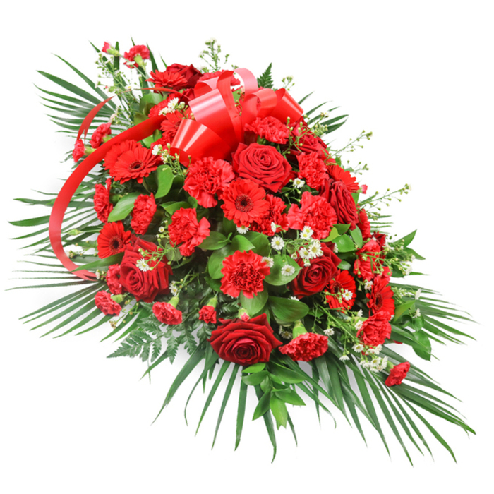 This image shows an impressive, elongated funeral spray composed entirely in tones of red, white, and green, laid out against a crisp white backdrop that allows every detail to stand out clearly. At the heart of the spray, a lavish gathering of deep red roses forms a focal cluster, each bloom with silky petals spiralling inward, some tightly closed and others fully open in a rich, romantic display. Around them, red carnations add fullness and a gently ruffled texture, their petals layered and slightly feathered, softening the overall look. Punctuating the design, bright red gerbera daisies with flat, daisy-like faces and darker centres sit slightly above the surrounding flowers, like quiet beacons of remembrance. Threaded delicately between these stronger shapes are small white blooms, perhaps baby's breath or tiny chrysanthemum sprays, which pick up the light and provide fine, airy contrast. The flowers are anchored by a lush bed of foliage: long, arching palm leaves radiate from beneath the blooms, giving the spray its tapering silhouette, while deeper green leaves such as salal or ruscus fill out the interior, making the composition appear dense and luxurious. Soft, fern-like fronds peek through at intervals, adding a gentle, feathery edge that lightens the profile. Near the upper central area, a wide, shiny red satin ribbon is fashioned into an elaborate bow, with trailing streamers flowing down through the flowers, suggesting a touch of ceremonial formality. The overall effect is one of deep respect and heartfelt sentiment, ideal for resting atop a casket or beside a memorial in North Watford, perhaps in a local chapel or crematorium, where families come together to honour a life with flowers that speak when words feel too small.