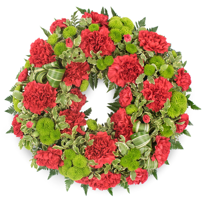 Against a crisp, gallery-like white background, a full circular funeral wreath of red and green appears to almost float, every flower meticulously placed as if by an experienced North Watford florist preparing for a quiet morning service. The wreath's central focus is a generous mass of deep red carnations, their petals densely ruffled and layered, creating a plush, velvety surface all around the ring. The carnations vary gently in size and openness, from broad, fully expanded blooms to smaller, half-open buds, giving the arrangement a natural, breathing quality despite its formal shape. Nestled among these are numerous lime green button chrysanthemums, also known as pompon mums, each flower a compact, spherical cluster of tiny florets that form a smooth, cushion-like dome. Their vivid chartreuse tone provides a striking yet soothing contrast to the warm crimson, bringing a touch of freshness that feels appropriate for both funerals and remembrance services. Embracing the flowers is a generous collar of mixed foliage: feathery fern fronds in rich, dark green create a soft halo, while variegated pittosporum leaves with creamy edges add light and pattern at the wreath's outer edges. The greenery is arranged to give depth and structure without overwhelming the flowers, framing them rather than hiding them. Weaving gently through the foliage is a decorative ribbon in two shades of green, looped in understated arcs that echo the round form. The design, ideal for delivery to chapels and cemeteries around North Watford and along St Albans Road, conveys dignity, affection, and a quiet sense of hope amidst loss.