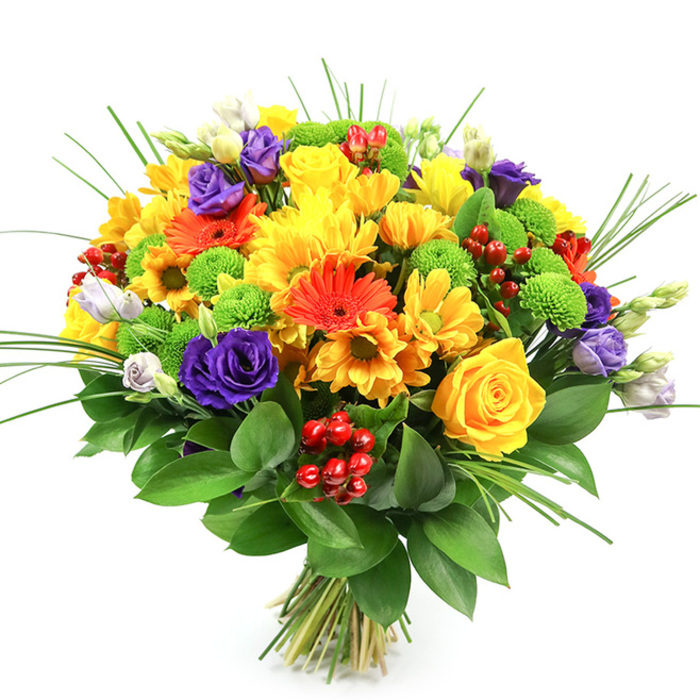 Set against a crisp white backdrop, this large, hand-tied bouquet appears almost to hover, its vivid colours and full, rounded shape drawing the eye immediately. At its core, generous clusters of bright yellow roses and yellow chrysanthemums form a radiant focal point, their many petals layered closely together in a way that feels both structured and soft. Interspersed among them are striking orange gerbera daisies and smaller orange daisy-like flowers, creating a warm, sunset-like gradient that conjures memories of golden evenings over North Watford's rooftops. Rich purple lisianthus blooms wind through the composition, their curled, almost rose-like petals introducing a luxurious, cool-toned counterpoint to the sunny yellows and oranges. Here and there, perfectly round lime-green button chrysanthemums pop up like tiny pom-poms, adding quirky texture and a refreshing burst of green that bridges the flowers and foliage. Small clusters of glossy, ruby-red hypericum berries nestle between the petals, their smooth surfaces catching the light and lending a subtle, seasonal mood, ideal for celebrations or thank-you gestures delivered around St Albans Road or Courtlands Drive. The base of the bouquet is framed by lush, dark green leaves, probably Ruscus, which provide a strong, verdant collar that makes the colours above appear even more vibrant. Fine, spiky blades of ornamental grass rise lightly from the mass of blooms, giving an airy, vertical lift that keeps the design from feeling heavy. The stems are clearly visible and neatly tied at the bottom, suggesting a freshly prepared, ready-to-gift arrangement from a trusted local florist. Overall, the bouquet radiates joy, optimism, and a sense of generous abundance, making it perfect for birthdays, celebrations, or brightening a North Watford home on a grey day.