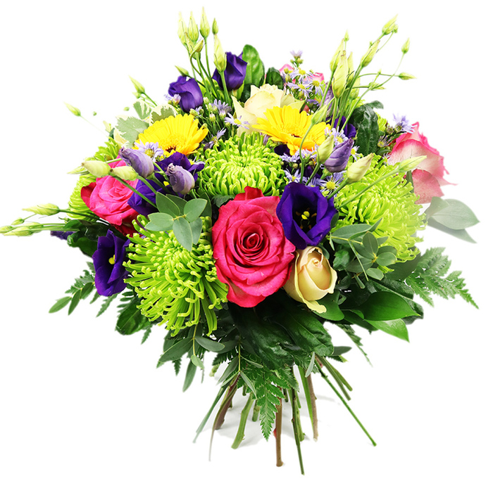 This image shows a vibrant, hand-tied bouquet set against a plain white backdrop, allowing every flower and leaf to stand out with clarity, as if displayed in the window of a North Watford high street florist. At the core of the arrangement, two or more fully opened hot pink roses command attention, their velvety petals layered in tight, romantic whorls that radiate energy. Surrounding them are striking lime green spider chrysanthemums; each bloom is formed from countless fine, elongated petals that extend like tiny fireworks, creating a playful, modern texture and a sharp colour contrast with the pink roses. Threaded through these central flowers are deep indigo and royal purple lisianthus, some with their bell-shaped petals fully unfurled, others still in tapered buds, adding depth and a sense of unfolding time. Several bright yellow gerbera-style daisies pop up around the bouquet, their broad, rounded faces and many slim petals giving off a cheerful, sunny brightness reminiscent of a walk towards Garston Park on a clear morning. Near the base, a single creamy yellow rosebud remains partially closed, offering a gentle, understated detail amid the bolder tones. Smaller lavender, lilac, and soft pink accent flowers fill the gaps, giving a soft, cloud-like effect that balances the stronger hues. Slim green shoots and unopened buds rise a little above the main dome, lending vertical interest and a natural, just-picked character. A generous collar of foliage anchors the design: feathery fern fronds arching outwards, rounded, eucalyptus-like leaves, and glossy, darker greens that frame the blossoms. The bouquet feels fresh, celebratory, and expertly arranged, the sort of floral gift that would make a vivid centrepiece for an anniversary dinner or birthday gathering in a North Watford home.