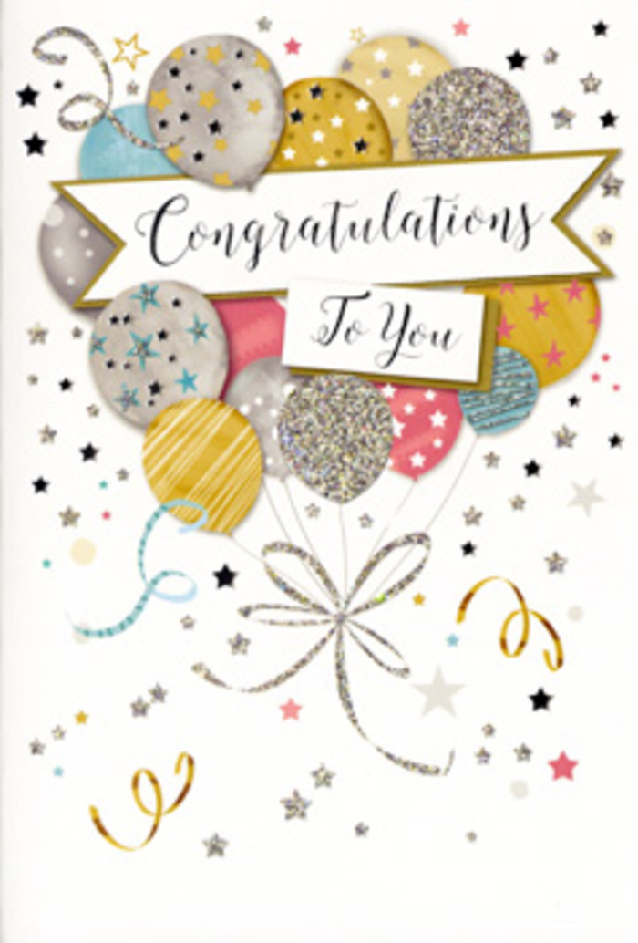 This congratulations card is styled like a small, refined party scene captured forever on its front, the type of card that would sit beautifully beside a vase of fresh flowers in a North Watford living room. Dominating the design is a layered cluster of balloons, floating as if just released indoors, rendered in a soft palette of champagne gold, silver, muted pink, gentle sky blue, and cloud-grey. Each balloon carries its own delicate decoration: tiny metallic stars that sparkle like distant fireworks, thin stripes that curve along the balloon's roundness, and shimmering patches that resemble fine glitter. The balloons overlap slightly, creating depth and the impression of a full, abundant bunch, just like a carefully grouped bouquet. Slender strands of gold and silver ribbon trail down from the base of the cluster, curling with a calligraphic flourish, visually tying the elements together much the way a florist at Flower Delivery North Watford might bind a celebratory arrangement with satin ribbon. A banner, unfurled across the centre, holds a graceful Congratulations message in elegant script, its soft curves and flourishes giving an air of sophistication suited to graduations, promotions, or milestone achievements. Around the main motif, the background is sprinkled with tiny stars and curls of confetti-like lines in metallic tones, suggesting movement and the lingering joy of a surprise celebration in a favourite North Watford café. The overall card feels airy yet meaningful, a textured composition of paper, ink, and implied glitter that conveys admiration, excitement, and a touch of glamour-an ideal companion to a bouquet marking any moment that deserves to be remembered.