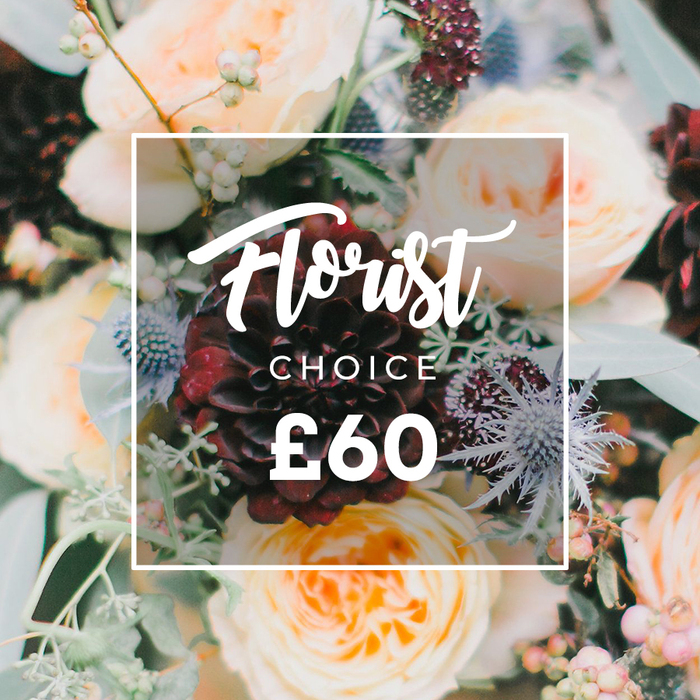 A lush, hand-curated Florist's Choice bouquet shown in intimate close-up, where colour, texture and light are orchestrated to feel both opulent and natural. Dominating the centre is a deep burgundy dahlia, its velvety layers folding inward like a dark blossom-shaped jewel. Around it, garden roses in pale cream and warm peach bloom in generous, ruffled layers, bringing a sun-warmed glow to the composition. Blue-gray eryngium thistles punctuate the softness with architectural, spiky forms, their cool tones creating a compelling contrast. Small clusters of pale green or ivory hypericum berries add a glossy, playful texture, while an assortment of eucalyptus and mixed greenery - some frosted and silvered, some rich and glossy - frames the bouquet and lends a gently wild, garden-harvest feel. The lighting is soft and directional, catching the sheen of rose petals and the velour of the dahlia without flattening the arrangement, so every curve and edge reads tactilely.

Superimposed across the floral scene is a neat, white rounded square containing bright white lettering: an elegant, flowing script line that announces Florist Choice, a smaller uppercase descriptor beneath it, and a boldly set price of £60. The overlay feels like a quiet stamp of the arranger's taste. This bouquet suits milestone celebrations or quiet commemorations - a sophisticated, comforting choice that smells faintly of honeyed roses and cool eucalyptus and would sit beautifully on a mantle in a North Watford home after a stroll from the nearby market.