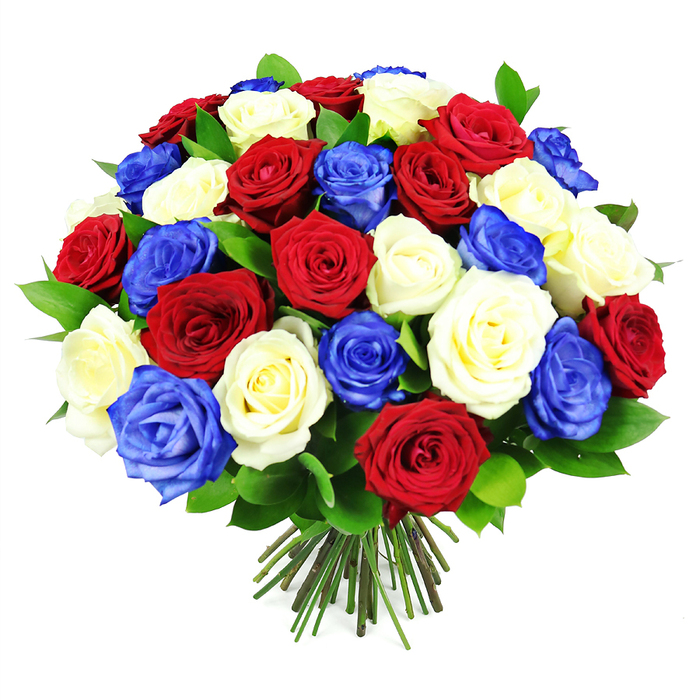 A meticulously crafted bouquet of roses in deep red, creamy white, and vivid royal blue stands out dramatically against a pristine white backdrop, the entire composition forming a perfectly rounded, almost globe-like cluster of colour. There are dozens of blooms, each with velvety petals layered in tight whorls that gradually loosen toward the outer edges, giving a sense of movement and life. The red roses have that classic, rich crimson tone associated with heartfelt emotion and remembrance, while the white roses bring in a sense of calm, purity, and light. The royal blue roses, an uncommon but visually striking choice, infuse the bouquet with a distinctly modern, patriotic flair, creating a tri-colour palette that naturally evokes flags and national gatherings. Tucked among the flowers, small flashes of deep green foliage create pockets of shadow and contrast, adding depth to the otherwise solid dome of petals. The stems below are trimmed to a uniform length and gathered tightly, suggesting a hand-tied design ready to be placed into a favourite vase in a North Watford living room or delivered to a local hall hosting a commemorative service. The clear, even lighting and shadowless background make the colours appear especially saturated and crisp, as though the bouquet has just been finished by a careful florist working near St Albans Road. This arrangement feels both bold and dignified, ideal for Independence Day-style celebrations, remembrance ceremonies, or any local event where you want to honour unity, courage, and shared values with elegant, fresh flowers.