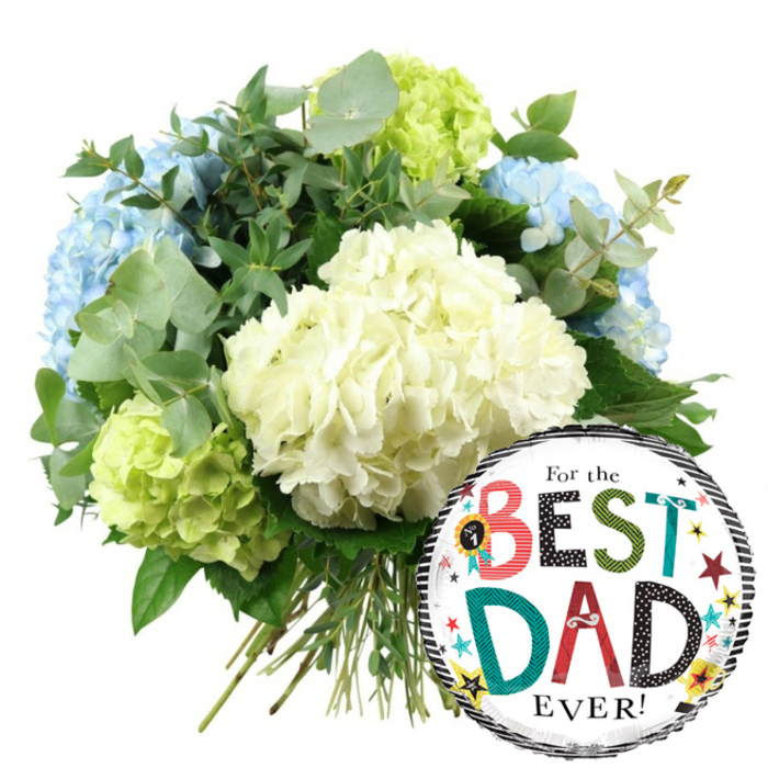 Set against a pure white background, this image presents a thoughtfully composed Father's Day gift that feels both modern and heartfelt. The upper left and centre are filled with a lush, hand-tied bouquet of hydrangeas, gathered in a soft, dome-shaped cluster that showcases the natural fullness of each bloom. Several large, creamy white hydrangea heads sit at the forefront, their tiny, four-petalled florets packed closely together for a pillowy, textured effect. Peeking from behind and around the sides, cool light blue hydrangeas add a soothing wash of colour, reminiscent of a clear morning sky over North Watford. Contrasting beautifully with these cooler tones, bright lime-green hydrangeas nestle at the lower left and right edges, bringing a lively, crisp energy to the design, as fresh and uplifting as new growth along local garden paths. Threaded between the hydrangea clusters are elegant sprigs of silvery-green eucalyptus with their signature rounded leaves, alongside deeper green foliage that adds structure and visual depth. The straight, clean stems are visible where the bouquet is tied at the base, indicating a fresh, hand-crafted bunch ready for delivery to homes and offices around North Watford. In the lower right corner, slightly overlapping the bouquet, sits a shiny round foil balloon, its reflective surface catching the light. It features a white central panel framed by bold black-and-white striped borders along the top and bottom. Across the middle, the message For the BEST DAD EVER! is printed in a lively mix of fonts and colours, with BEST and DAD rendered in patterned reds, teals, greens and blacks, surrounded by playful stars and colourful confetti dots. This pairing of elegant hydrangeas and a cheerful balloon perfectly captures the joy of celebrating a much-loved dad with flowers and fun in North Watford.
