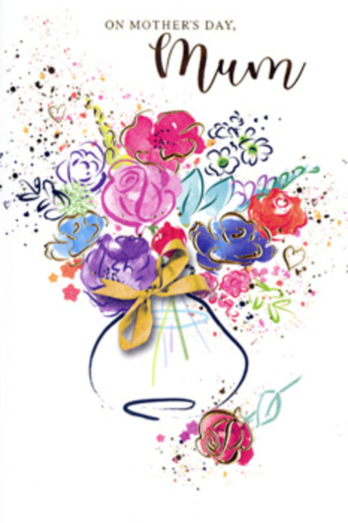 An exuberant, artistic bouquet bursts from the front of this Mother's Day card, rendered in expressive watercolour that looks both modern and timeless, like something you might find in an independent gallery near North Watford. Sweeps of hot pink, cerise, and soft rose mingle with pools of indigo, apricot, and chartreuse, suggesting a mixed selection of spring blooms without pinning them to precise varieties. Each petal feels alive with motion, formed by a few decisive brushstrokes rather than tight detailing, giving the flowers a spontaneous, almost wind-tossed look. Fine touches of gold outline select petals and leaves, catching the eye the way a glint of light might skim across a freshly arranged bouquet in a shop window. The flowers gather into a loose, rounded shape, then drift outward in airy spatters and delicate heart motifs, evoking laughter across a family table, or the warmth of a Sunday visit to Mum. Below the colour-rich canopy, a whimsical vase anchors the scene, its gentle curves painted in soft, translucent washes. A neat golden bow sits at the neck, symbolising care, tradition, and the thoughtful finishing touches a florist brings to every gift. Around the edges, speckles of paint in coordinating hues create a sense of celebration, akin to confetti caught in the air at a local North Watford event. The composition radiates gratitude and admiration, more like a cherished memory than a still life. It feels designed to be kept, tucked away with photographs and letters, a lasting reminder of Mother's Day love shared over fresh flowers and quiet conversation.