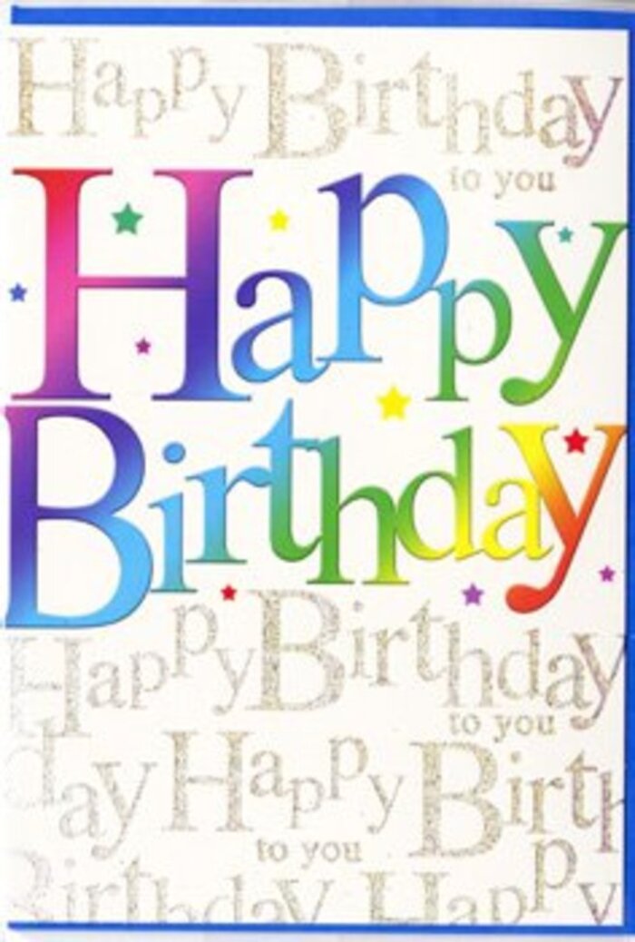 The image captures a joyful birthday card whose front feels as carefully composed as a colourful arrangement made by a North Watford florist. Dominating the centre are the words Happy Birthday, set in thick, confident letters that curve slightly, each one filled with a luminous gradient of hues. The colours roll from intense cherry red into rose pink, through rich violets and blues, and finally into cool greens and warm yellows, echoing the spectrum you might see walking past fresh market stalls near St Albans Road. The gradient is smooth and velvety, with no harsh edges, which softens the overall look and lends a modern, friendly tone. Behind the central greeting, the entire background is overlaid with delicate, looping calligraphy in metallic gold, repeating the phrase Happy Birthday to you like a soft refrain. This script is fine and elegant, its reflective surface catching any hint of light, reminiscent of the way evening sun glints off shopfront windows in North Watford. Between and around the letters, tiny star motifs in a mix of bright tones-turquoise, pink, yellow, and mint green-float like sprinkles scattered across a frosted cake. The card stock appears smooth and slightly glossy, hinting at a quality finish that would feel sleek under your fingertips. The overall impression is one of upbeat celebration with a touch of refinement, the kind of birthday card you might choose at Flower Delivery North Watford to accompany a vibrant bouquet, ensuring that both message and flowers bring a burst of happiness to someone's special day.