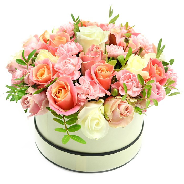 Presented by a local hands-on florist, this elegant round hatbox is a lesson in subtle contrast and floral theatre: a cream-coloured vessel with a matte surface and two narrow dark bands-one trimming the top rim and a matching band at the base-holds a luxuriously domed bouquet photographed against a pure white background. The principal players are roses, large and sumptuous, their centres tipping with warm coral-peach and apricot hues that gently fade to blush pink and creamy ivory at the petal edges, giving each blossom depth and a soft gradient of colour. Interspersed are clusters of delicate, frilly pale-pink carnations whose small, ruffled petals add tender texture and visual cadence. Sprays of fresh green foliage with slim, elongated leaves are used sparingly to lift the palette and introduce a lively, botanical note. The flowers' velvety surfaces and the tight, almost sculptural dome suggest meticulous hand-assembly-a signature I use when arranging pieces for customers around Cassiobury Park and the Nascot Wood area-so the bouquet reads as both luxurious and thoughtfully personal. Gentle, natural light reveals subtle shadows and highlights across petals, enhancing the sense of depth and the arrangement's tactile appeal. This composition, offered by Flower Delivery North Watford, carries a refined, heartfelt sentiment suited for anniversaries, birthdays, romantic gestures, or as a comforting, elegant accompaniment to special life moments across North Watford.