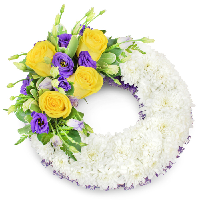 A refined circular funeral wreath is pictured against a spotless white background, its body formed almost entirely from countless small white spray chrysanthemums arranged in a continuous, plush ring. The chrysanthemums' close-set blooms create a uniform, pillowy surface that feels reverent and calm, the whiteness catching soft light to suggest purity and peaceful remembrance. Accenting the upper left arc is a prominent spray of colour: several large yellow roses, fully opened and radiating a warm, golden hue, are paired with clusters of deep purple lisianthus (Eustoma) whose satin-like, ruffled petals introduce an elegant contrast. Interspersed among these primary blooms are a handful of pale lavender and green buds, adding textural variety and the promise of gentle unfolding. Fresh green foliage-broad, glossy leaves, some with light variegation, and feathery fern fronds-wraps and supports the cluster, offering depth and a natural frame. A delicate, dark purple mesh or crinoline ribbon can be seen subtly peeking out beneath the white chrysanthemum layer at both the inner and outer edges of the wreath, a thoughtful detail that echoes the purple flowers and lends a discreet, refined finish. The wreath's open centre and balanced composition make its purpose unmistakable: a sympathetic tribute suitable for memorials, funeral services, or as a resting tribute at a chapel near Vicarage Road or local funeral homes in North Watford. The overall effect is one of composed beauty-respectful, handcrafted, and quietly consoling.
