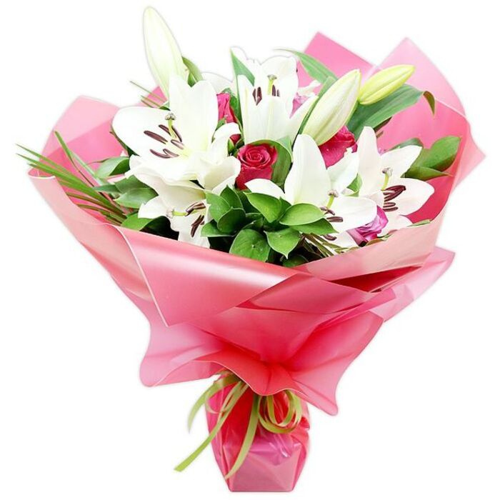 A striking hand-tied bouquet featuring white Oriental lilies and deep red roses is carefully arranged against a clean white background, highlighting the craftsmanship of a skilled North Watford florist. At the centre, several large lilies open fully, their star-shaped white petals layered in graceful curves that create depth and shadow, each bloom showcasing a cluster of long stamens tipped with dark reddish-brown anthers. Among these open flowers, a few lily buds remain partially closed, with pale green outer sheaths and hints of ivory and cream peeking through, conveying both freshness and the promise of future blossoms. Threaded throughout the arrangement, rich red rosebuds and partially open roses provide an intense, romantic contrast; their petals are densely packed and velvety, forming classic spirals that draw the eye inward. Surrounding the central flowers, a collar of abundant greenery builds structure and volume, from broad, glossy dark green leaves that reflect the light to slender, grass-like blades that shoot upward and outward, evoking the natural movement of plants in the gardens and green spaces around North Watford. The stems are gathered and encased in a voluminous wrap of shiny, translucent bright pink cellophane or floral paper, which billows in soft folds and lends the bouquet a festive, gift-ready appearance. Around the base, where the stems come together, a narrow lime green ribbon is tied into a neat knot, its trailing ends adding a delicate flourish and a refreshing colour accent beside the dominant pink and green tones. This romantic and celebratory bouquet would make a thoughtful gift for birthdays, anniversaries, or Mother's Day, ready to be delivered to homes and offices from St Albans Road to nearby Watford Junction.