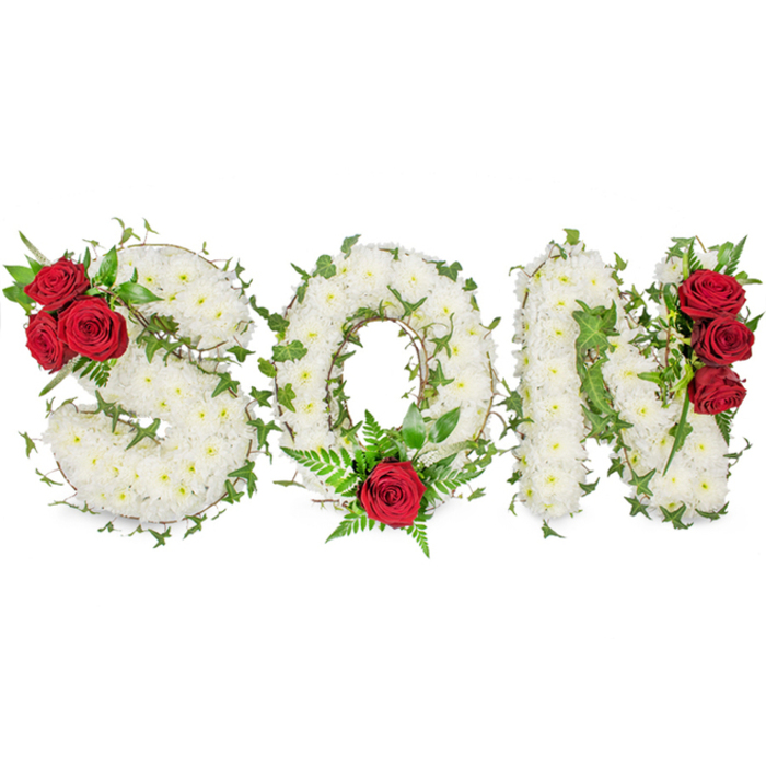 A striking and carefully balanced bereavement tribute spells out SON in three capital letters formed entirely from compact clusters of small white spray chrysanthemums; the blooms are assembled so densely they create a cushion-like surface that reads as serene and pure. Interlaced throughout the lettering, trails of dark green ivy trace the outlines and add a living texture and graceful movement, symbolising the continuity of memory. Strategic red accents provide the emotional punctuation: three rich, velvety red roses nestle into the top-left curve of the S, a single bold red rose sits at the lower centre of the O surrounded by lacy fern fronds, and a vertical grouping of three red roses decorates the right side of the N. The roses' deep crimson stands in vivid contrast to the cool white of the chrysanthemums and the verdant ivy, creating focal points that guide the eye and underline the tribute's passionate affection. Set against a clean white background and lit by soft, natural light, the arrangement's textures-matte chrysanthemums, glossy ivy, and plush rose petals-are all subtly revealed. This personalised funeral letter is commonly selected for commemorating a son at services, wakes, or graveside gatherings in North Watford and neighbouring communities, offering a composed yet heartfelt way to express condolences. The workmanship and choice of materials convey respect, tenderness, and a wish for enduring remembrance.