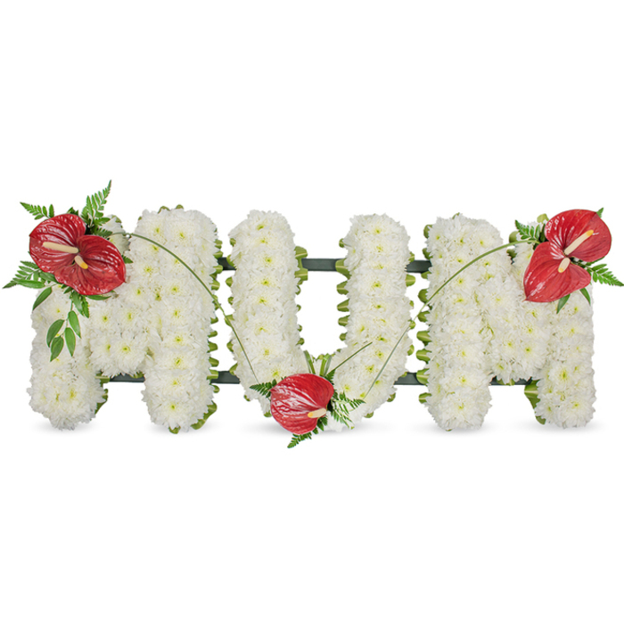 A poignant memorial tribute spelling MUM in elegant capital letters, each letter formed from a dense blanket of pristine white spray chrysanthemums that create a unified, cushiony surface. The tiny petals of each chrysanthemum catch the light softly, producing a gentle luminosity that feels both pure and consoling. A subtle dark green frame outlines the letters, visible only at the edges, giving structure while keeping the focus on the abundant white blooms. Three vivid red anthuriums - glossy, heart-shaped, and tropical in appearance - are positioned as emotional punctuation: one on the upper left arc of the first M, one nestled into the base of the U, and one placed on the upper right arc of the final M. Each anthurium bears its pale yellow spadix and is surrounded by small sprays of fern and broader green foliage, which deepen the composition and introduce texture contrast. Long, slender blades of grass or stems arc gracefully between the red flowers, visually uniting the three focal points and encouraging a gentle flow across the letters. The overall effect is restrained yet heartfelt, a design that speaks of enduring love, respect, and remembrance. Created with the care and experience of Flower Delivery North Watford, this tribute is a classic choice for funeral services, wakes, or graveside remembrances in and around North Watford - from Vicarage Road visitors to families meeting near North Watford station - offering a clear, personal message of honour for a beloved mother.