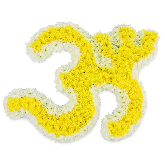 This image shows a striking floral Om symbol, thoughtfully crafted as a spiritual tribute and laid out against a pure white, studio-style background. The sacred character is formed entirely from fresh blossoms, with the inner body filled with rich, sunny yellow flowers, likely small chrysanthemums or marigold-style blooms commonly chosen for religious occasions across North Watford. Each tiny head is set closely alongside its neighbours, creating a dense, velvety surface that follows the sweeping curves, inner loops, and distinctive lower arc of the Om sign. Around this glowing yellow centre, a narrow, continuous border of pure white flowers traces the full outline, forming a sharp contrast that makes the symbol look precise and almost calligraphic. The white petals feel calm and soothing, suggesting purity, peace, and the quiet reassurance families seek at a funeral or memorial. Even the small circular 'dot' above the main form is carefully defined, keeping the proportions and meaning of the symbol intact. Bright, balanced lighting washes across the entire piece, eliminating shadows and making every petal appear crisp and fresh, as if the arrangement has just been delivered for a service. Though no setting is visible, it is easy to imagine this floral Om resting by a framed photograph, flickering candlelight, or incense sticks at a farewell ceremony in a North Watford home or local hall. The piece carries a sense of devotion and handcrafted care, expressing both spiritual reverence and heartfelt sympathy through colour, texture, and precise floral artistry.