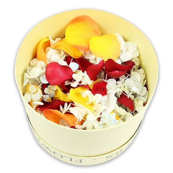 The photograph captures a round, pale cream hatbox filled to the brim with a luxurious mix of dried petals and florets, styled as a refined condolence or tribute piece. The box, with its simple cylindrical form and faintly debossed FLOWERS lettering, rests on a pure white surface, giving the scene a serene, almost gallery-like feel. From a slightly elevated viewpoint, the eye travels over a tapestry of colour and texture: deep crimson rose petals with softly frayed edges, bright yellow petals reminiscent of late summer sunshine, and muted peach-orange tones that soften the overall look. Scattered delicately between these bolder hues are innumerable tiny white hydrangea florets, some tinged with the lightest shade of powder blue, like morning mist over the canal near North Watford. Their small, papery petals add a light, cloud-like layer above the larger rose petals beneath. The flowers have been preserved with evident care so each detail-every fold, vein, and gentle curl-remains visible, creating a tactile impression even through the image. This kind of petal-filled hatbox is perfect for placing on a memory table at a funeral service, framing an urn during a quiet family gathering, or providing a bowl of petals for mourners to take and scatter in remembrance in a local park or garden. The composition suggests peace and dignity, with colours that honour a life with warmth rather than stark formality. For families in North Watford seeking a natural, thoughtful touch to their funeral flowers, this arrangement offers a subtle yet deeply meaningful expression of sympathy.