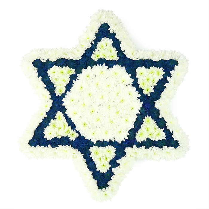 A beautifully balanced Star of David funeral tribute dominates the frame, photographed against a simple white background so that its structure and colours can be clearly read, even from a distance. The star itself is formed from tightly packed, small-headed flowers in two tones: crisp, clean white and a deep, almost inky blue. Around the outer edge of the six-pointed star, a broad border of white chrysanthemums creates a soft, plush halo, each bloom overlapping to give a cushion-like effect. Within that border sits a large central hexagon of the same white flowers, a serene block of light that anchors the entire design. Surrounding this hexagon, dense fields of dark blue petals fill the six outward-pointing triangles, the saturated colour suggesting formality and reverence. At the inner base of each of these blue sections, another neat triangle of white blooms is set, echoing the central shape and adding a secondary rhythm of light and dark around the symbol. The interplay of the two colours, so strongly associated with Jewish tradition, feels both traditional and quietly modern. The arrangement has no visible stems, foliage, or adornments; it is pure pattern and texture, held together by skilled wiring and floristry foam beneath the surface. The tribute suggests a moment of stillness and respect, suitable for a Jewish funeral, memorial service, or to accompany shiva in North Watford, perhaps for families connected to Bushey or surrounding neighbourhoods. It is the kind of considered, bespoke piece a local florist would create when asked to honour a life and a heritage with something both simple and profoundly meaningful.