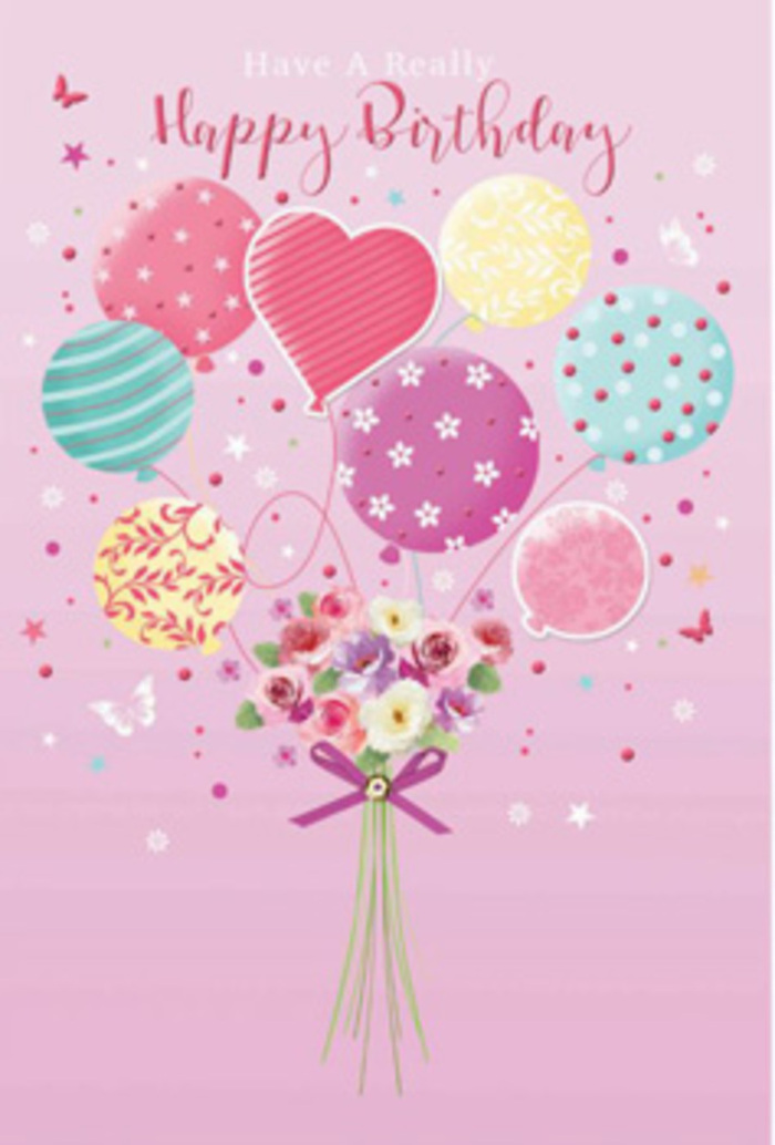 A softly radiant birthday scene unfolds on a blush-pink backdrop, reminiscent of an early morning sky above North Watford just before the day's bustle begins. From the base of the artwork, a dainty hand-tied bouquet rises, as if its blooms are light enough to float. The flowers are a tender mix of petite roses and small, daisy-like blossoms, petals blending from creamy white to warm rose and gentle mauve. They sit closely together, full of life and fresh as though they've just been arranged by an experienced florist after the morning flower delivery. A satin ribbon in a rich purple hue is tied neatly around the stems, its bow catching the light with a subtle, celebratory sparkle. Above, the bouquet seems to release a cluster of pastel balloons that drift skyward, each balloon an individual work of art. There are candy-striped designs in pink and lemon, soft teal orbs dusted with tiny dots, floral prints that echo the real petals beneath, and a cherished heart-shaped balloon at the centre, glowing like a birthday wish whispered quietly near Garston or Leavesden. Light sweeps across the scene, glinting on the balloon surfaces and casting a soft sheen over the petals, creating a feeling of weightless happiness. Tiny butterflies flutter among the balloons and a scattering of small stars adds a sprinkle of fantasy, like a birthday dream taking flight above local gardens and parks. The overall impression is one of gentle jubilation, ideal for a special North Watford birthday that calls for sweetness, affection, and a touch of whimsical artistry.