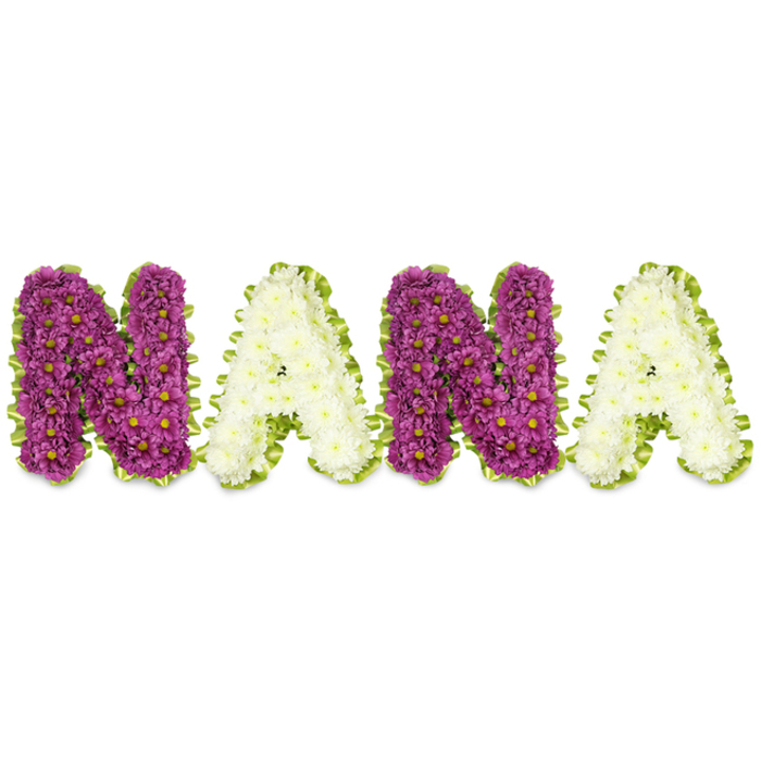 A meticulously assembled funeral tribute spells 'NANA' in sculpted, three-dimensional letters formed from hundreds of small chrysanthemum-style blooms, each letter densely packed to create a uniform, pillow-like surface against a stark white background. The first 'N' is composed of vigorous, deep magenta or purple chrysanthemum blooms whose layered petals create a rich, tactile field; dispersed among them the tiny yellow centres glint like quiet stars. To its right, the first 'A' provides a soft counterpoint in pristine creamy white chrysanthemums-cool, almost pearlescent-so the alternating palette becomes both expressive and respectful. The second 'N' repeats the dramatic purple, while the final 'A' returns to the gentle white, maintaining an elegant balance. Each letter is carefully edged with a bright lime-green border-either pleated ribbon or closely arranged foliage-that undulates around the flower clusters, defining shapes and adding a fresh, natural accent that lifts the composition. Soft studio light reveals the craftsmanship: the dense placement of each head, the clean lines, and the slight shadows between letters that give them sculptural depth. Intended as a sympathy or memorial piece to honour a cherished grandmother, it carries a restrained fragrance of fresh chrysanthemums and conveys a message of love and respect appropriate for wakes, graveside services, or church memorials around North Watford. Flower Delivery North Watford assembles these bespoke tributes with local knowledge-familiar with families near Cassiobury Park, Clarendon Road and the High Street-ensuring the design reads clearly from a distance and delivers a warm, dignified presence.