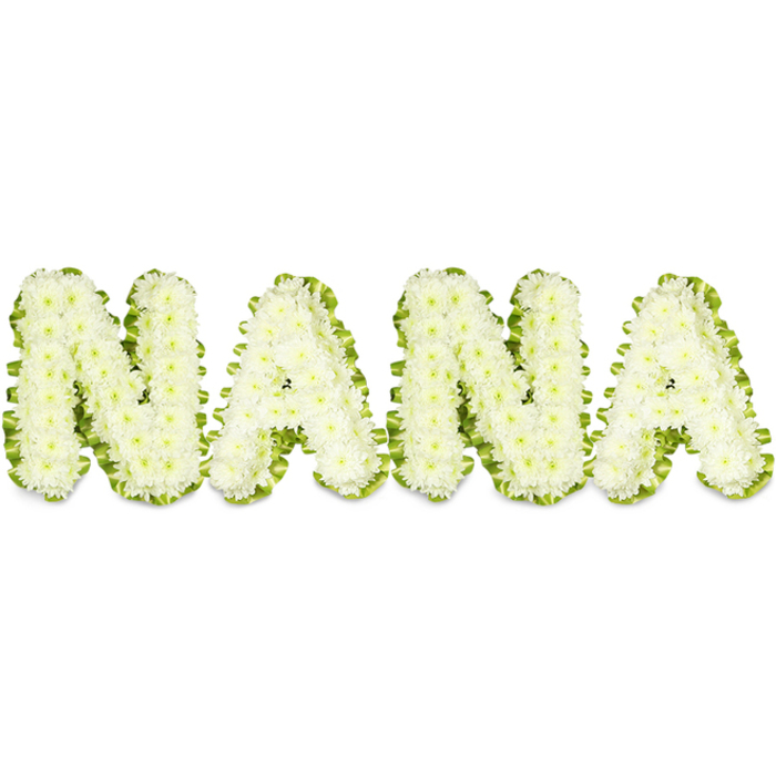 A poignant, three-dimensional floral tribute that spells the name NANA, photographed on a stark white background to emphasise its shapes and fine detail. Each of the four letters is formed from densely clustered white button chrysanthemums - hundreds of small, rounded blooms woven together so the surface reads as a plush, uniform field of petals. The texture is soft and quiet, with delicate petal edges catching the light and creating a subtle, serene sheen. Encircling each letter is a bright green outline - whether achieved with glossy foliage or a narrow pleated ribbon - that crisply defines the characters and adds a natural, uplifting accent to the pure white. The lighting is bright and even, making the freshness of the flowers obvious and revealing the arrangement's sculptural depth and meticulous construction. From a local florist's perspective this is the sort of tribute families choose for graveside services or chapel visitations in North Watford, especially for funerals held near Cassiobury Park or at neighbourhood churches; it reads as a simple, dignified act of remembrance. The overall effect is one of calm respect and lasting affection - a visible expression of love for a grandmother that offers comfort through careful craft, clean colour, and the familiar, soothing presence of seasonal blooms.