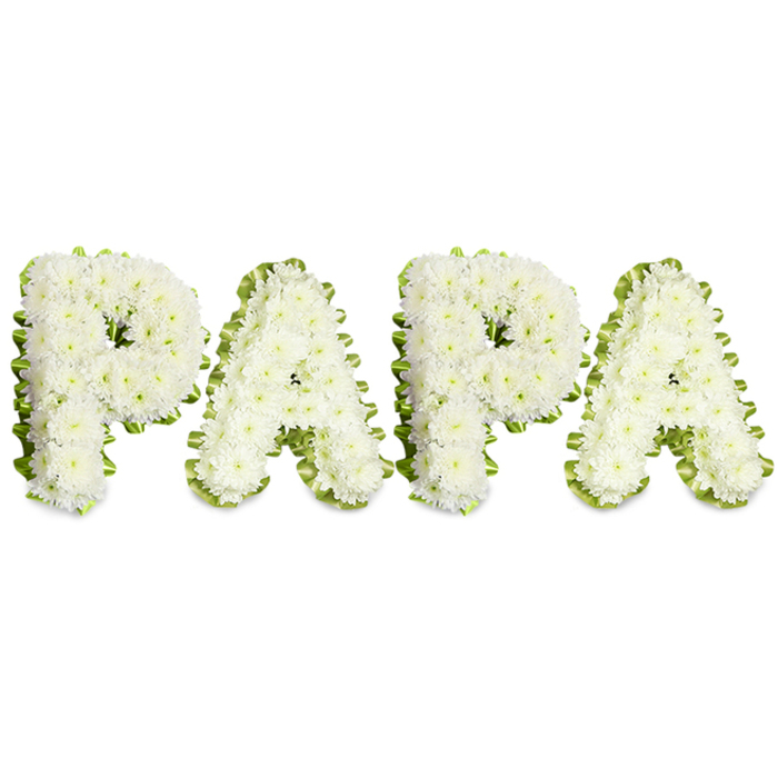 An elegant and heartfelt tribute in which four uppercase letters-PAPA-are hand-formed from compact clusters of pure white spray chrysanthemums, producing a soft, doughnut-shaped prominence across each character that feels both comforting and formally composed. The flowers are densely set, their slightly ruffled petals overlapping to create a textured, cloud-like face on every letter while a pale green, pleated ribbon or narrow band of fresh light-green foliage runs in a neat, undulating border around each edge, defining the silhouette with a gentle, fresh contrast. The letters lie in a balanced horizontal alignment against a stark white background, where soft studio lighting reveals the fine details of the craftsmanship: the hidden floral foam base, the subtle wire supports, and the careful selection of fuller blooms for the centres and smaller sprays for the curves. There is a restrained aroma of chrysanthemums-clean, mild and green-that underscores the quiet dignity of the arrangement without overwhelming the space. Designed for memorial contexts, wakes, or funeral services, this composition reads as a personal, familial farewell to a father or grandfather, conveying purity, peace and abiding love. For families in North Watford, a piece like this often accompanies services near Clarendon Road chapels or is placed at remembrance gatherings close to Cassiobury Park, where neighbours and loved ones come together to celebrate a life well remembered.