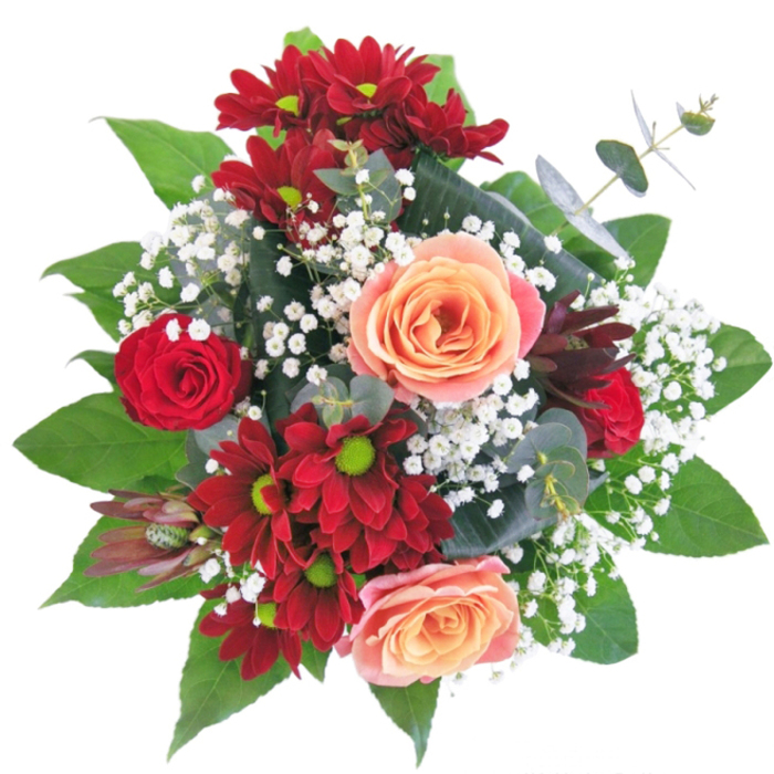This bouquet is a masterclass in floristry, artfully capturing the spirit of North Watford's vibrant community and lush green spaces. The bold, velvety reds of chrysanthemums and full-bloom rosebuds create a dramatic foundation, while creamy apricot and peach-hued roses lend a soft, soothing contrast-a visual metaphor for both passionate celebration and gentle warmth. Between these central blooms, clusters of delicate white gypsophila are placed with precision, their airy presence reminiscent of tiny white blossoms seen along the banks of the River Colne in early spring. The clear glass vase elevates the entire arrangement, showcasing not only the layered textures of silky petals and glossy foliage but also the playful movement as blooms gently spill outward and gather at the core. There is an unmistakable sense of embrace in this composition-crafted with care by a local North Watford florist familiar with the tastes and occasions of the area. Aromas of fresh greenery blend with the subtle sweetness of roses, transporting the senses to a serene morning in nearby Oxhey Park. Perfect for expressing sentiment on anniversaries, marking new beginnings, or gracing a table at a family gathering near St Albans Road, this bouquet is a celebration of craftsmanship, emotion, and community spirit-elevating every moment with style and meaning.