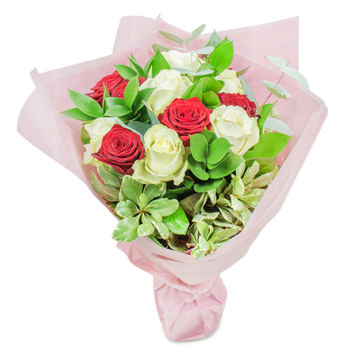 Captured against a crisp white canvas, this hand-tied bouquet from North Watford's trusted florists is a study in romantic contrasts and refined artistry. Nestled amid layers of translucent blush-pink wrapping, twenty fresh roses take centre stage-half a glowing, creamy white, half a sumptuous, rich crimson. Each rose is at its peak, with elegant, tightly curled petals that speak of freshness and meticulous selection. The bouquet is interspersed with abundant greenery: deep ruscus leaves offer structure and shadow, while lighter, rounded foliage and soft sprigs of eucalyptus introduce texture and airiness. Subtle variegated leaves tinged with cream and pale green provide another layer of visual intrigue, much like the natural variety in Watford's beautiful Cassiobury neighborhood parks. The arrangement is full-bodied, yet every element has room to breathe, guided by the hands of local experts who know how light and colour play in North Watford homes. The pastel pink wrap, softly gathered and tied at the base, enhances the gentle warmth of the bouquet, making it a perfect gift for anniversaries, thoughtful gestures, housewarmings, or marking life's meaningful milestones. The entire composition radiates authenticity-balancing passionate reds with tranquil whites-embodying both the excitement of new love and the steady comfort of lasting devotion, and serving as a shining example of North Watford's tradition of expert floristry.