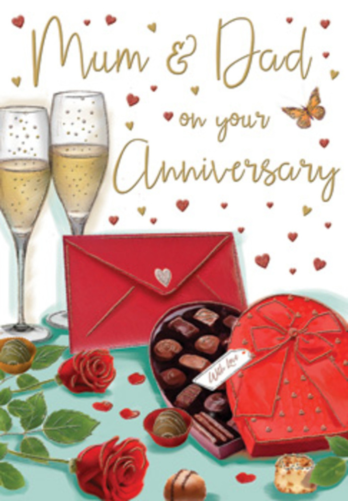 Luxurious anniversary card artwork capturing the warmth of a long marriage, the sort of loving scene you might find in a North Watford home on a special evening. Two tall champagne flutes rise together at the centre, filled with golden bubbles that shimmer as though they have just been poured for a heartfelt toast to Mum and Dad. A pair of striking red roses rests at the base, their velvety petals unfolding in generous layers, surrounded by fresh, glossy green foliage that resembles stems carefully chosen by an expert florist at Flower Delivery North Watford. Beside them lies a romantic heart-shaped box of chocolates, its lid open to reveal a neat selection of truffles, while a wide, red ribbon bow cascades over the edge, catching the soft light. A rich scarlet envelope, sealed and angled invitingly, suggests a private message of love and gratitude, perhaps written by children or grandchildren wanting to honour their parents' journey together. Across the backdrop, tiny golden and crimson hearts drift like confetti, framing hand-lettered words of affection that speak directly to Mum & Dad. The lighting is warm and gentle, reflecting off the glass and highlighting the satin sheen of the ribbon and the delicate curve of each petal, creating a cosy, celebratory atmosphere that feels right at home in a living room near Garston or along St Albans Road. As a local florist, I imagine the scene scented with roses and sweet chocolate, the perfect visual expression of enduring love, shared memories, and the joy of another anniversary well worth celebrating.