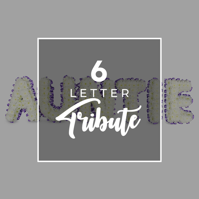 From a North Watford studio, this refined memorial features Auntie spelled out in six freestanding letters, each formed by a dense cluster of small white chrysanthemums. The letters rise with calm, confident presence, their edges crisply defined by a purple trim of smaller blossoms that traces the silhouette against a soft gray backdrop. In the center, a square white panel sits with quiet authority, containing 6 LETTER in a crisp sans-serif and Tribute in an elegant script. The mood is intimate and respectful, a bespoke design suitable for funeral services, wakes, or anniversaries of life. The white blooms convey purity and remembrance, while the purple accents add dignity and individuality. The piece carries a gentle fragrance and a soft visual texture-the petals are tightly arranged, offering a plush surface inviting reflection. Crafted by a North Watford florist with care, the arrangement carries a message of love and memory for a beloved Auntie. This design works well in articles about bespoke funeral florals, sympathy tributes, or local memorial designs for Auntie in the North Watford area, linking craft with community.