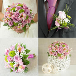 This image collage presents a coordinated wedding collection that feels perfectly suited to a romantic North Watford celebration, perhaps just a stroll away from Cassiobury Park or a local church ceremony. In the top-left frame, only the torso of the bride is visible, her white lace gown softly catching the light as she holds a lush, rounded bouquet close to her waist. The arrangement overflows with light pink and lilac-toned roses, their petals layered in gentle spirals, alternated with bright green button chrysanthemums that bring a crisp, modern contrast. Pink alstroemeria with pale yellow markings and tiny white baby's breath are scattered through the bouquet, adding an airy, confetti-like texture. Deep green leaves peek through, giving a natural, garden-fresh look. The top-right frame focuses on a groom's charcoal grey suit and bold fuchsia tie, accented by a perfectly coordinated boutonniere. A single light pink rosebud, a touch of green chrysanthemum, wisps of gypsophila, and a thin arc of ornamental grass are neatly secured with a pink ribbon, providing a polished yet romantic detail. In the lower-left panel, a similar hand-tied bouquet rests on a textured beige cloth, allowing the viewer to see the careful spiralling of stems and the way the fuchsia ribbon is wrapped smoothly around the handle. The lower-right frame shows a low, rounded centerpiece, echoing the same mix of pink and lavender roses, green chrysanthemums, alstroemeria, and baby's breath, arranged in a white woven-look globe vase and accompanied by two smaller decorative spheres. The whole set suggests how a North Watford couple might carry one floral theme seamlessly from aisle to reception table.