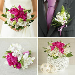 A four-panel wedding collage shows how a single floral theme can weave through every detail of a North Watford celebration, from St Albans Road ceremonies to relaxed receptions near Garston. The top-left image focuses on a bride's torso in a strapless white gown, her fingers lightly wrapped around a lush, domed bouquet. Deep fuchsia peonies, rich with layered petals, sit at the heart of the design, surrounded by white alstroemeria flecked with soft maroon markings and threaded with spiky light-green florets. Dark green leaves frame the blooms, giving the bouquet a sculpted, classical shape while still feeling natural and fresh. In the top-right, a groom's charcoal suit jacket and smooth lavender-purple tie create a refined canvas for a compact boutonniere. A single white alstroemeria bloom, tiny green spires, and glossy foliage are gathered and finished with a lavender satin ribbon that echoes the tie, tying his look into the overall wedding flowers without overshadowing it. In the bottom-left panel, a smaller hand-held bouquet rests on pale, textured beige fabric, as if waiting in a quiet corner of a North Watford venue. It mirrors the bridal flowers, with more magenta peonies, white Peruvian lilies, and green accents bound tightly with a bold lavender-purple ribbon. The bottom-right image reimagines the same colour story as a table arrangement: peonies and alstroemeria nestle into a white, intricately woven spherical vase, while three lighter beige decorative spheres in varying sizes sit nearby, extending the woven texture and creating a modern yet soft centerpiece look for wedding tables.