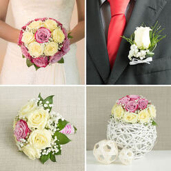 This four-panel wedding collage presents a cohesive floral story, as if captured on a calm wedding morning somewhere between North Watford and the quiet streets near St Albans Road. The top left image shows the bride from the chest down, her white gown softly catching the light. She holds a classic, round bouquet composed of cream and pale yellow roses interlaced with richer pink and mauve roses. Small clusters of white baby's breath and glimpses of green foliage break up the rounded shape, adding a gentle, garden-inspired texture against the subtle lace of her bodice. In the top right, the groom's charcoal or dark grey suit forms a strong backdrop for a single white rosebud boutonniere. The bloom is framed by tiny white filler flowers and a sprig of greenery, with a slim white satin ribbon tied at the stem. Beside the crisp white shirt and vibrant red silk tie, the boutonniere feels both refined and quietly romantic. The bottom left panel shifts to a laid-down bridesmaid's posy resting on a light, slightly rough linen surface. Cream and pale yellow roses echo the bridal bouquet, joined by a handful of pink roses and abundant white filler flowers, all wrapped at the stems with a pink-and-white striped ribbon that gives the posy a relaxed, youthful charm. The final panel, at bottom right, focuses on a compact rose centerpiece perched atop a delicate spherical vase made from intertwined white twigs. Cream, yellow, and pink roses, with baby's breath and greenery, form a low, rounded dome of colour. Two smaller woven decorative spheres sit alongside on a white tabletop, set against a muted beige backdrop that suggests an intimate wedding reception table, perhaps styled by a local North Watford florist for a nearby hotel or restaurant celebration.