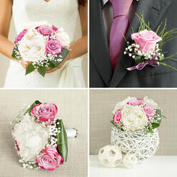 A close look at the groom's boutonnière reveals a miniature echo of the bridal bouquet's refined romance, crafted with the same care a North Watford florist would bring to a wedding on a quiet side street off St Albans Road. At its centre sits a single rose in a soft lilac shade, the petals polished and symmetrical, just beginning to unfurl. It is cupped by delicate sprays of feathery greenery and tiny white blossoms of baby's breath, which add a light, cloud-like softness around the focal bloom. A slender lavender ribbon wraps the stems, tied in a neat finish that catches the light with a gentle sheen, as if ready to be pinned to a tailored lapel. The colours mirror the bridal bouquet: muted purples, creamy notes in the filler flowers, and hints of fresh green, ensuring the boutonnière harmonises without competing for attention. The overall mood is one of quiet confidence and thoughtful detail, as though every petal placement has been considered. You can almost imagine the florist in North Watford checking the scale against the groom's jacket, ensuring it feels proportionate and comfortable for a long day of photographs and celebration. Though small, the texture is rich-the smoothness of the rose, the airy roughness of gypsophila, the cool touch of the ribbon-creating a piece that speaks softly but clearly of love. It feels like a fragrant talisman for the day, designed not just as an accessory, but as a subtle link between two carefully coordinated wedding flowers.