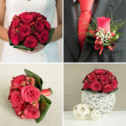 This collage of four wedding arrangements tells a cohesive red rose love story, the sort of styling often chosen by couples marrying around North Watford's churches and town venues. In the top-left image, a bride in a white gown holds a compact, rounded bouquet close to her midline; the roses are a deep, velvety crimson, packed tightly so that only small flashes of red hypericum berries and a fringe of polished green foliage break the sea of petals. The bouquet looks freshly tied, stems hidden beneath, the whole design radiating a sense of elegant focus and heartfelt emotion. In the top-right, the camera moves in on the groom's charcoal-grey suit, where a single red rose boutonniere is pinned with care to the lapel. The rosebud is just beginning to unfurl, accompanied by airy ruscus-like greenery, tiny white gypsophila blossoms, and a few accent red berries, all secured with a fine red satin bow that coordinates with the groom's bold red tie and crisp white shirt, ideal for portraits along the High Street. The bottom-left frame returns to a hand-held bouquet, possibly for a bridesmaid, with several red roses arranged among clusters of berries and framed by broad, dark green tropical-style leaves that wrap protectively around the blooms. A red ribbon binds the stems, resting against a tactile beige fabric background that softens the rich tones. In the bottom-right, a low table centrepiece mirrors the same palette: red roses and berries shaped into a tidy dome, resting on an intricate white woven sphere, flanked by two smaller wooden or wicker balls. Set against a smooth, light surface and muted beige-grey wall, this final piece suggests a polished North Watford reception table, where every floral detail is thoughtfully coordinated.