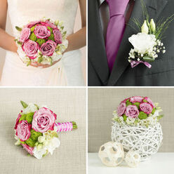 The image captures a delicately coordinated wedding set: a rounded bridal bouquet paired with a refined boutonnière, both designed in a palette of mauve-pink, creamy white, and vibrant green that would look at home in any North Watford celebration. The bouquet is full and structured, dominated by mauve-pink roses whose petals curl slightly at the edges, creating a painterly, watercolour effect as the colour fades from deeper centres to lighter tips. Nestled between the roses, small button chrysanthemums in vivid green add playful dots of colour and texture, evoking the tidy lawns and hedges found around North Watford's quiet residential streets. Creamy lisianthus and other pale blooms soften the design, their delicate ruffles folding over one another like layers of silk. The flowers are gathered into a classic, almost spherical shape, giving the bouquet a timeless look that still feels fresh, especially with the careful wrapping of pink and white ribbon around the stems, secured with precise, even folds. Light glances off the petals, making them appear dewy and alive, as if they have just arrived from an early-morning market delivery. Beside the bouquet, the boutonnière offers a simpler echo of the same aesthetic: a single white lisianthus bloom, accented with airy grasses and perhaps a touch of lavender detail, ready to be pinned to a groom's suit. Together they suggest the hopeful, joyful spirit of a wedding day in North Watford-personal, intentional, and thoughtfully arranged.