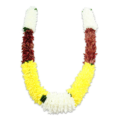This U-shaped floral mala, photographed on a stark white backdrop, showcases the disciplined eye of a florist who understands ceremony and colour. Each of the garland's two symmetrical arms starts with a compact, cylindrical section of soft, creamy white blooms - their tiny fabric petals layered to create a fluffy, cloud-like texture that feels both delicate and substantial. Beneath the white sit bands of deep maroon or reddish-brown elements, equally dense, providing a rich, earthen cadence before the design opens into the longest and most prominent section: a luminous expanse of bright yellow flowers, crafted to read like traditional marigolds and forming the graceful curve of the U. The base where the yellow folds upward is anchored by a broad, lush cluster of pure white chrysanthemums, wider and more prominent than the top segments, becoming the visual heart of the piece. Narrow dark-green leaf accents mark the transitions between colours, their small, sculpted forms offering natural contrast and a pause between the warm and light tones. The petals are fabric, arranged with meticulous labour so the garland retains shape and ceremonial dignity. As a local florist servicing North Watford and routes toward Watford Junction and the High Street, Flower Delivery North Watford often prepares pieces like this for Hindu puja, temple ceremonies, weddings, and Diwali or Holi celebrations - a crafted object of devotion and welcome that balances colour symbolism with careful construction.