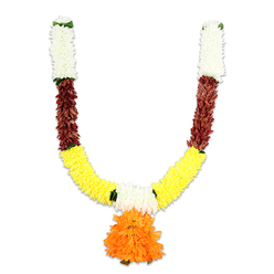 This U-shaped decorative mala hangs like a small, ceremonial banner photographed on a stark white backdrop, its segmented palette and carefully layered textures speaking of tradition and craft. At the top of each arm a compact block of creamy white florets-soft, cushiony and chrysanthemum-like-creates a quiet, luminous cap that contrasts with the next band: a rich, reddish-brown interval whose flattened, textured petals suggest dried floral material or faux mahogany bracts, lending the whole garland a rustic, stabilising cadence. The arms then arc into a lush curve of golden-yellow clusters, densely packed and ruffled to imitate classic marigold blooms (genda phool), their bright colour and fluffy surfaces conjuring festival light and warmth. Tiny bright green accents punctuate the joins, like stitched leaves or ribbons, breaking the colour fields with fresh tonal relief. Hanging from the central valley is a bold pendant-a voluminous, layered orange blossom that forms a rounded, full-bodied focal point, its ruffled layers cascading gently and catching the soft studio illumination. The garland is clearly artificial-silk or high-quality synthetic yarn-selected for longevity and a satiny sheen; while it would not carry the true perfume of fresh flowers, it evokes the earthy, comforting impression of marigold fragrance in memory. As a local florist I picture this toran adorning doorways around North Watford, by Watford High Street or outside small community temples, and it's the type of piece customers ask for when preparing homes for Diwali or wedding blessings. Flower Delivery North Watford often recreates this colour story for clients who want a durable, traditionally inspired hanging that reads both reverent and celebratory.