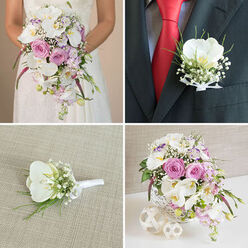 This collage of four wedding florals feels like stepping into a carefully planned North Watford celebration, where every bloom has been chosen to echo the same romantic language of orchids and roses. In the top-left image, the bride's mid-torso is framed against her intricate white lace gown as she holds a cascading bouquet that seems to pour from her hands. White phalaenopsis orchids with warm yellow centres arc downwards amid plush blush pink garden roses, feathery lavender stock, tiny white clouds of baby's breath, and rich green foliage, while deeper pink, slightly fuchsia spikes give the design a contemporary lift, much like a stylish ceremony near St Albans Road. The top-right frame zooms close to the groom's suit: a dark charcoal or black lapel, a bold red tie, and a patterned shirt that together create a modern backdrop for his boutonniere. A single immaculate white orchid, paired with baby's breath and slim green sprigs, is bound with a narrow white satin ribbon, clearly designed to mirror the bridal bouquet. In the bottom-left image, that boutonniere is laid flat on a textured light beige fabric, perhaps linen or burlap, so you can almost feel the smooth petals and see each tiny gypsophila floret and ribbon wrap, ready for delivery to a groom dressing near Garston. The bottom-right panel presents a stunning table centerpiece: white orchids, pink garden roses, soft lilac stock, gypsophila, and foliage arranged in a white woven cylindrical vase, with two matching white decorative spheres beside it. The composition suggests a reception table setting where every floral piece, from bouquet to buttonhole, speaks the same soft palette of white, pink, and lavender.