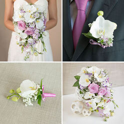 This four-panel wedding floral collage captures the feeling of an intimate North Watford ceremony, where every flower appears chosen with intention. In the top-left panel, the bride, visible from the neckline of her strapless white gown down to her hands, holds a sumptuous cascading bouquet. White phalaenopsis orchids arc outward in generous clusters, their broad petals almost luminous, mingling with blush pink and soft lavender roses, lilac-hued accent blooms, and loose trails of greenery. The flowers fall in a gentle downward sweep, evoking the movement of fabric along a church aisle near Garston. The light is soft and flattering, emphasizing texture-the velvety roses, the smooth orchid petals, the airy baby's breath tucked between. In the top-right panel, the groom's dark grey suit provides a deep, polished backdrop for a single, perfectly formed white orchid boutonniere. Tiny lavender filler flowers and fresh green leaves surround it, while a slim purple ribbon mirrors the magenta tone of his tie, drawing the eye subtly toward the heart. The bottom-left panel offers a quieter view: a lone boutonniere arranged on a pale beige, slightly textured surface, perhaps like a linen cloth laid out in a North Watford dressing room. A budding white orchid nestles beside clusters of white baby's breath and a slip of foliage, bound with a bright pink ribbon that suggests joy and celebration. Finally, the bottom-right panel shows a luxurious cascading centerpiece in an ornate white woven vase. White orchids tumble forward among layered pink and lavender roses, tiny purple blossoms, and clouds of baby's breath, while three white woven spheres of different sizes sit nearby on a white tabletop. The composition feels curated and cohesive, like a complete wedding story told through orchids and roses rather than words.