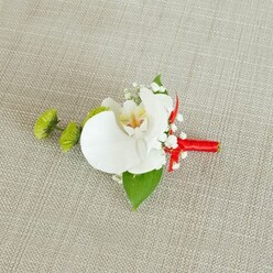Set against a pale beige, linen-like fabric that feels reminiscent of a relaxed wedding breakfast at a North Watford venue, this exquisite boutonniere showcases the finesse of a skilled florist's hand. At its centre, a flawless white phalaenopsis orchid unfurls its wide, satiny petals, each curve catching the light with a soft, diffused glow. The orchid's throat draws the eye in with a wash of gentle yellow that fades into fine, reddish-orange and tawny speckles, adding subtle warmth and intricacy. Around this central bloom, weightless tufts of white baby's breath are woven in, their tiny blossoms resembling a delicate mist, softening the edges of the design and lending a romantic, almost dreamlike quality. To one side, two compact lime-green chrysanthemum buds, textured like miniature pom-poms, inject a lively flash of colour and a hint of playful modernity, echoing the fresh greens of local North Watford gardens in spring. A broad, deep green leaf fans out beneath the orchid, providing structure and a rich, verdant backdrop, while a smaller, darker leaf near the base adds an extra layer of depth. The stems are expertly finished with a striking crimson red satin ribbon, wrapped smoothly and secured in a neat bow or knot that introduces a celebratory note, as if ready for a joyful walk down the aisle. The overall effect is one of quiet sophistication and personal detail, the kind of handcrafted buttonhole you might choose for a groom, groomsman, or proud parent at a North Watford wedding, lovingly prepared and delivered at its freshest by a local floral studio.