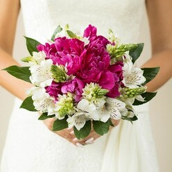 This image offers an intimate, close-up view of a wedding bouquet held gently against the smooth, pale fabric of a bridal gown, somewhere in the heart of North Watford. The bouquet itself is tightly composed and beautifully rounded, dominated by large magenta peonies whose velvety, ruffled petals billow outward in sumptuous layers. The peonies form a lush focal point, their bold colour echoing the excitement of the day, with hints of darker and lighter pinks shimmering through the folds. Nestled among them are white alstroemeria, each trumpet-shaped bloom marked inside with delicate burgundy speckles and fine linear streaks, giving a sense of refined detail that rewards a closer look. Slender, spiky green buds and small textured florets are woven throughout, pushing playfully between the larger flowers and adding an energetic contrast in both shape and hue. Around the outer edge, deep green leaves with a gentle shine cradle the blossoms, creating a natural frame that enhances the bouquet's round silhouette. The bride's fingers, tipped with light blush polish, curve around the hidden stems, conveying a quiet tenderness as she holds this carefully crafted piece of floral art. The background remains softly out of focus, suggesting the muted tones of a local ceremony space or a reception venue just off St Albans Road, so that every nuance of petal, leaf, and colour stands out. The overall mood is joyful yet composed, perfectly suited to a spring or summer wedding, and reminiscent of the bespoke bridal arrangements often prepared for couples celebrating in and around North Watford.