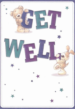 A scene of pure comfort greets the viewer in this illustrated get well card, seamlessly blending cheery art with emotional warmth. Nestled on a foundation of crisp white, a fluffy teddy bear clings lovingly to the bold, violet-accented letters of 'Get' while a spirited puppy, soft and expressive, nestles beneath the vibrant 'Well.' The careful detail in their shapes and expressions makes the card feel as if it could have come straight from a friendly corner shop along Bushey Mill Lane, where every detail is attended to with personal care. Teal and purple stars flicker across the design, adding a sense of possibility and hope-mirroring the uplifting bouquets delivered to homes and hospitals across North Watford. The overall clarity and brightness of the card recall the fresh, open feel of our neighbourhood's green spaces, symbolizing renewal and optimism in times of recovery. Like a thoughtfully arranged arrangement, each brushstroke delivers comfort and assurance, letting the recipient truly feel the sincerity of North Watford's well-wishing community.