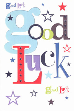 A contemporary good luck card is photographed front-on, filling the frame with its confident mix of colour and type. Across a snow-white background, the words 'Good Luck' appear in large, playful letters, the first 'g' in baby blue setting a friendly, informal tone. Each remaining character takes on its own style-bold red blocks, deep purple curves, mossy green strokes, and solid black shapes-like a designer experimenting joyfully with different fonts in one harmonious phrase. Between and around the letters, a constellation of tiny stars is scattered as if tossed by hand: some dark indigo, others sky blue, lavender, soft teal, and pale lime, all varying in size from pinpricks to pea-sized bursts. The stars feel as though they've drifted down from a clear North Watford night sky, hovering above familiar streets and gardens. The card's surface looks sleek and smooth, with a slight sheen that catches the light, hinting at quality cardstock you might find on the counter of a local florist near St Albans Road. The overall mood is one of steady, reassuring optimism-clean, modern, and quietly celebratory rather than loud or busy. It feels perfect for marking a milestone such as a new role at Watford businesses, an important audition, or A-level results, especially when paired with a fresh bouquet ordered from Flower Delivery North Watford. You can imagine this card standing proudly beside a vase of seasonal blooms on a hallway table, the vibrant letters and shower of stars echoing the feeling that someone is firmly in your corner, cheering you on from home.