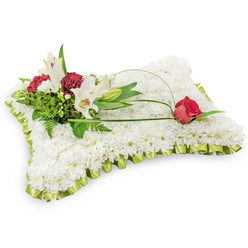 Soft morning light seems to settle on this rectangular floral pillow, where a dense carpet of small, pristine white chrysanthemums forms a tranquil, tactile surface reminiscent of a peaceful resting place. The chrysanthemums are arranged with meticulous care so their tiny blooms create a uniform, comforting texture, while a neat border of pale lime-green satin ribbon is pleated into a delicate frill that frames the piece with a whisper of colour. Rising from the upper left corner, a tasteful cluster of accent flowers gives the cushion its quiet voice: elegant white Oriental lilies - two fully open to reveal pale yellow stamens and a soft, sweet scent - accompanied by burgundy spray carnations whose deep, warm tones draw the eye and add emotional weight. Interspersed greenery - the glossy, rounded leaves of salal and the soft feathering of fern - provides shadow and structure, lifting the florals off the white field. A single graceful loop of green bear-grass or salal arcs across the pillow, its slender curve leading to a solitary deep red rosebud nestled on the right, symbolic and intimate, the velvety petals hinting at love and remembrance. This is the sort of arrangement we prepare at Flower Delivery North Watford for services near Vicarage Road or private family farewells at homes around The Parade; it reads as both traditional and very personal, a soothing presence for mourners that combines texture, restrained colour, and careful craftsmanship tailored to North Watford families seeking a dignified floral tribute.