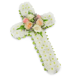 Set against a spotless white background that throws every petal into soft relief, this traditional funeral cross arrangement radiates a gentle, reverent calm. The cross itself is generously padded with hundreds of tiny white button chrysanthemums, each bloom perfectly fresh and full, so tightly massed that the surface looks like a plush, snowy fabric rather than individual flowers. Their clean white tone is unbroken across the entire shape, from the broad horizontal arms to the long vertical stem, symbolising innocence, spirituality, and peace. At the heart of the cross, a small garden of roses offers a tender focal point. Fully unfurled blossoms of pale pink, delicate apricot peach, and smooth ivory cluster together, their layered petals soft and velvety, as if inviting a gentle touch. Around them, slender fern fronds stretch outward in graceful arcs, and fine sprigs of light lavender filler flowers weave through, adding a hint of colour and a feathery texture. A neat lime green ribbon runs around the outer edge of the cross, just visible beneath the chrysanthemums, outlining the silhouette with a fresh, almost spring-like note. The subtle shadow behind the cross hints at its depth and careful construction. This is the kind of dignified sympathy tribute a North Watford family might send to a local chapel or graveside service, a floral cross that quietly expresses faith, remembrance, and enduring love. Every element has been placed with the practised hands of an experienced florist, creating a piece that feels both classic and deeply personal within the North Watford community.
