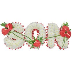 A carefully composed floral funeral tribute spells out the word SON in bold, freestanding letters, set against a bright, uncluttered white background that draws attention to every petal and ribbon fold. Each letter is built from a dense bed of crisp white chrysanthemums, their tightly packed blooms forming a thick, velvety cushion of texture that evokes purity and tender remembrance. Around the perimeter of the S, O, and N, a deep red satin ribbon is gently ruffled, creating a scalloped edge that hugs the curves and corners of the letters, and even loops around the inner circle of the O. This red trim adds a clear definition and a loving, handcrafted touch. Three focal groupings of red anthuriums, with their waxy, heart-shaped faces and upright spadices, introduce rich colour and emotional depth. One substantial cluster, framed by dark green foliage and soft fern fronds, sits proudly at the upper left of the S. A single anthurium nestles into the lower portion of the O, while a more elaborate spray decorates the upper right of the N, flanked by lush green leaves. Slim, trailing greenery sweeps gently across the white flowers, visually linking the clusters and softening the overall design. The arrangement feels calm and contemplative, much like the quiet corners of North Watford's churches and chapels where families gather to remember a life. Created with the practiced hands of a local funeral florist, this SON tribute offers a beautifully personal way to honour a much-loved son and bring a touch of grace to the service.