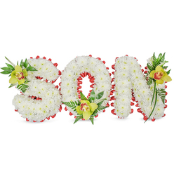 Presented with quiet dignity, this handcrafted floral statement spells 'SON' in large, three-dimensional letters composed entirely of dense, pure white chrysanthemum blooms, each blossom placed to create a soft, sculptural surface that reads both comforting and serene. The circular opening of the 'O' is clearly visible, the 'S' curves like a gentle embrace, and the 'N' rises with composed strength; a continuous band of scarlet ribbon is artfully looped around every letter, forming a scalloped edge that punctuates the white with a deliberate pop of colour often associated with love and remembrance. Accenting the white and red are three lime-green Cymbidium orchids - positioned on the 'S', 'O', and 'N' - their waxy petals a subtle yellow-green with reddish-brown throats, set among a careful mix of glossy leaves and delicate fern fronds that breathe natural texture into an otherwise pristine arrangement. The lighting is soft and even, revealing the chrysanthemum's tiny petal faces and the orchids' smooth sheen; a faint, green floral scent lingers, unobtrusive yet consoling. This style of tribute is commonly used at memorials, chapel displays, or graveside services and communicates intimacy and respect. As a local florist familiar with North Watford, I've prepared similar pieces for services around Vicarage Road and close to North Watford station, and this arrangement is available for local delivery when families request a personalised memorial across the area through Flower Delivery North Watford.