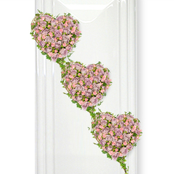 This image shows a refined funeral tribute composed of three cascading heart shapes, each one a dense tapestry of roses that seem to glow softly against a crisp, white background. The hearts are arranged in a diagonal line, gently drifting from top left to bottom right, like a slow, graceful gesture of farewell across the North Watford skyline. Every heart is filled edge to edge with miniature and spray roses in dusty lavender and soft mauve, threaded with blush and pastel pink blooms that bring warmth and tenderness to the design. The petals appear velvety and layered, some blossoms fully open to reveal intricate centres, others still cupped and promise-filled, suggesting the many stages of a life well lived. A delicate frame of fresh green ivy traces the contour of each heart, with trailing tendrils linking them together so that the three forms read as one continuous symbol of devotion, remembrance, and enduring bond. The ivy's glossy leaves and gently twisting stems add movement and an organic rhythm, reminiscent of the greenery climbing garden fences along North Watford's quiet residential streets. On the left-hand side, faint vertical reflections hint at a glass panel or polished wall, giving depth without distracting from the flowers. The overall mood is peaceful and contemplative-perfect for a tribute sent to a local church, chapel of rest, or crematorium, where the soft colours and flowing hearts can express sympathy, gratitude, and lasting love from family and friends.