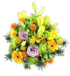 Presented on a stark white backdrop, this exuberant, densely packed bouquet captures the kind of seasonal optimism you might bring to friends after a stroll through Cassiobury Park or into a home near Vicarage Road. Upright yellow Asiatic lilies command the eye, some unfurled to reveal freckled petals and warm stamens, others held as pointed buds that add vertical rhythm. Nestled among them, powdery lavender roses unfurl in soft spirals, introducing a calming, romantic counterpoint to the brighter florals. Bold orange Gerbera daisies scatter joyful discs of colour across the mound, while lime-green button chrysanthemums create plush, textured islands that make the arrangement feel generous and tactile. Tiny, almost globe-like orange and golden-yellow accent blooms offer lively punctuation, their slightly spiky forms bouncing light in the composition. Cool-toned blue-grey Eryngium thistles emerge at the sides and lower reaches, their metallic sheen and architectural spikes providing dramatic contrast against the warm palette. A layered mix of foliage - glossy broad leaves and delicate filler greens - knits the flowers together and gives the bouquet a natural, garden-fresh depth. The implied fragrance is a bright, floral chorus: lily sweetness, a hint of rose, and the herbaceous freshness of greenery. As a local florist I imagine delivering this to a Watford High Street flatwarming, or placing it as a warm, celebratory centrepiece at a lunch near Watford Junction. Flower Delivery North Watford crafts this design to evoke cheerfulness, thoughtful celebration, or gentle sympathy, depending on the occasion.