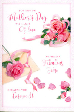 This Mother's Day card design resembles a still-life scene set on a bright North Watford morning, where a thoughtfully arranged spray of pink roses takes centre stage. The roses vary in tone from soft shell pink to a richer rose hue, with layered petals that curl outward like freshly opened blooms in a florist's display. Each petal is shaded to suggest a velvety, almost touchable texture, and the flowers are surrounded by a few tender green leaves that keep the palette light and garden-fresh. Scattered rose petals drift gently across the surface of the card, some resting close to the main cluster, others trailing away as if a bouquet had been gently unwrapped near St Albans Road. A flowing ribbon in pastel tones loops through the lower portion of the composition, its soft curves echoing the natural shapes of the petals. The background remains a clean, creamy white, providing space for elegantly hand-lettered words that offer a loving Mother's Day greeting in a warm, swirling script. The lettering feels personal and slightly whimsical, like a note penned at the kitchen table before a family breakfast in North Watford. The overall lighting is soft and flattering, with no harsh shadows, giving the scene a tender, almost fragrant quality. The card conveys not only the beauty of pink roses but also the emotion behind them - admiration, gratitude, and a quiet promise of a relaxing day, much like receiving a carefully crafted bouquet delivered straight to the door.